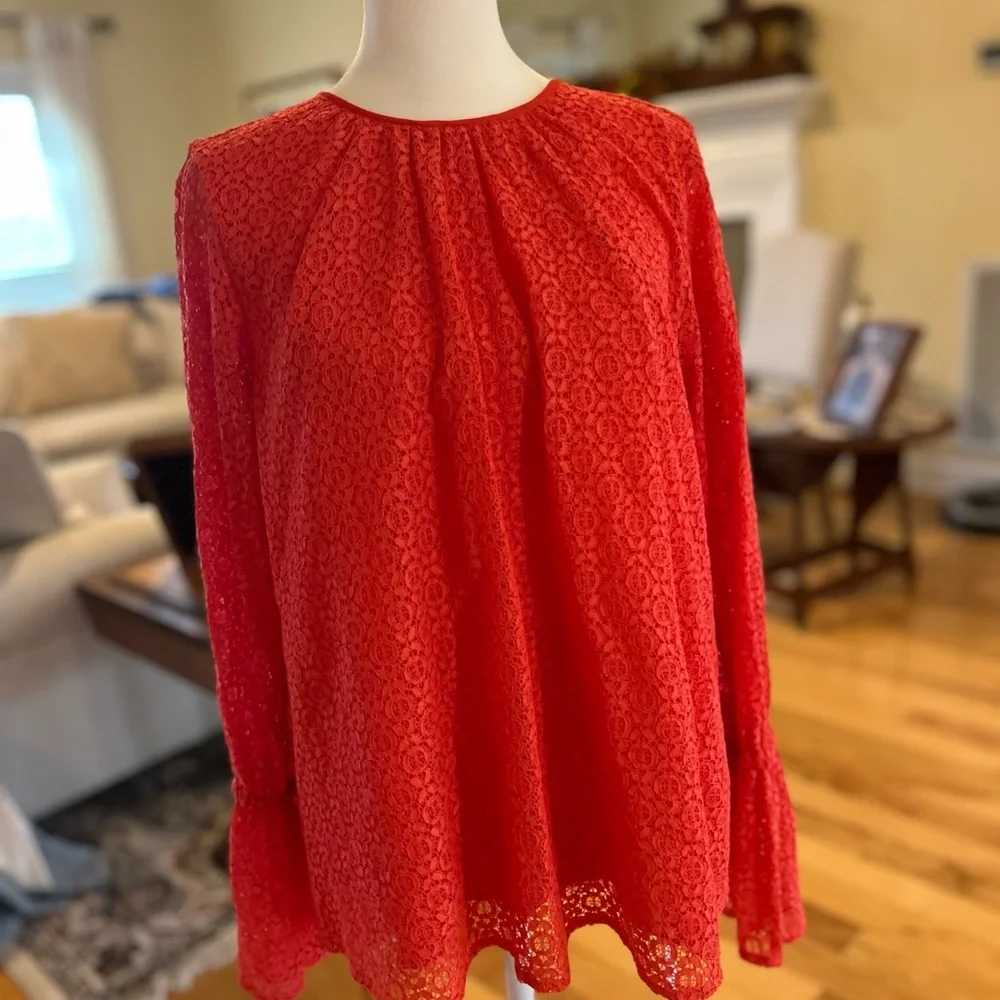 Michael Kors Vibrant Coral Crochet Lace Bell Sleeve Women’s Blouse